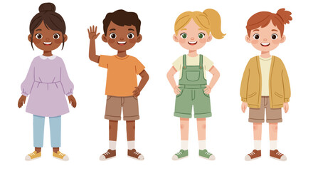 Cartoon illustration of smiling children and girls in various poses and clothes