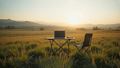 A laptop is placed on a folding table in an open field with tall grass. A chair is nearby, and the sun is setting behind distant mountains, creating a serene atmosphere for work