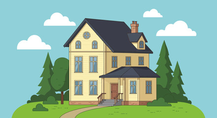 Cottage home illustration: a charming house nestled on a grassy hill within a lush forest landscape, under a clear sky