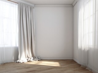 Fototapeta premium A room with white walls and white curtains. The curtains are open and the room is empty. There is a window in the room