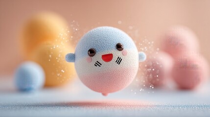 Adorable pastel-colored ball character with a happy face and blushing cheeks floating in a dreamy, softly lit background.
