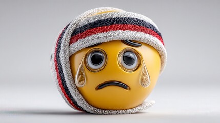 A sad yellow emoji with teardrops, wrapped in a red, white, and black striped bandage, symbolizing emotional or physical pain.
