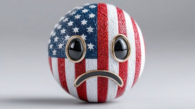 A round emoji character showing a sad expression, fully wrapped in the texture of the United States flag, symbolizing concern or emotion.