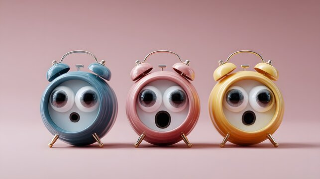 Alarm clocks with cartoon eyes time management reminder deadline concept art