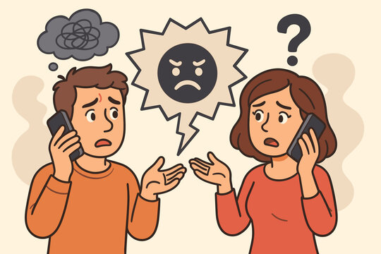 Confused couple discussing mental health issues over phone. Cartoon man and woman talking about negative emotions, stress, anxiety, communication problems, relationship conflict, misunderstanding