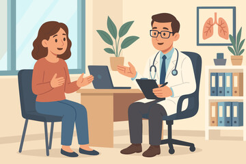 Doctor consulting female patient in modern clinic office. Medical consultation, healthcare discussion, professional diagnosis, patient care, therapy advice, doctor appointment, clinical interior