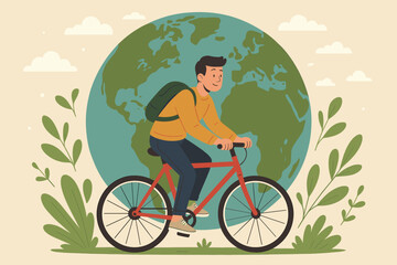 Eco-Friendly Commuting Concept. Young Man Riding Bicycle with Backpack in Nature. Sustainable Transportation, Green Lifestyle, Environmental Protection, Earth Globe Background. Vector Illustration