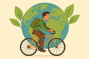 Sustainable transportation concept. Eco-friendly commuter riding bicycle with backpack in front of Earth globe and green leaves. Environmental awareness. Healthy lifestyle. Vector illustration