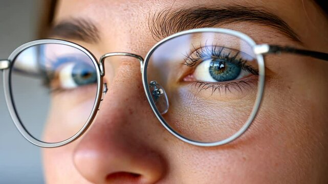 Closeup of reflections in glasses as eye gazes and moves dynamically