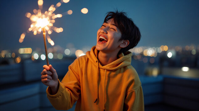 Teenager laughing and holding sparkler on rooftop at night  