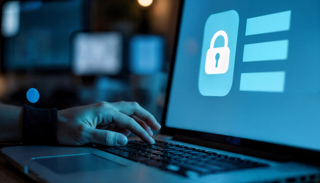 Hand typing on laptop with padlock icon on security login screen