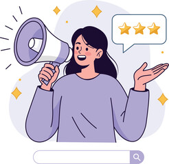 Customer Experience Communication: A digital illustration featuring a young woman holding a megaphone and speech bubble, with a 3-star rating, conveying communication and positive feedback.