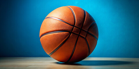 Obraz premium A vibrant orange basketball lies on a smooth wooden surface, illuminated by a bright blue backdrop. The setting is clean and evokes a sporty atmosphere perfect for the game