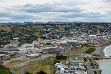 Aerial View of a Coastal Town with Historical and Modern Architecture