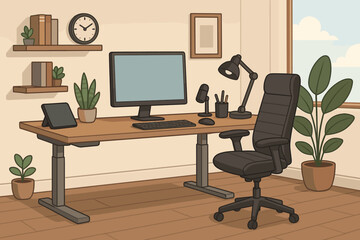 Modern home office workspace with ergonomic desk, swivel chair, computer, tablet, lamp, indoor plants, bookshelves, clock, window, organized accessories. Vector cartoon interior illustration