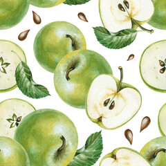 Seamless pattern with green apples, hand-drawn on a white background. Watercolor illustration. Whole fruits, their halves, green leaves and seeds. A template for wallpaper, packaging, wrapping paper