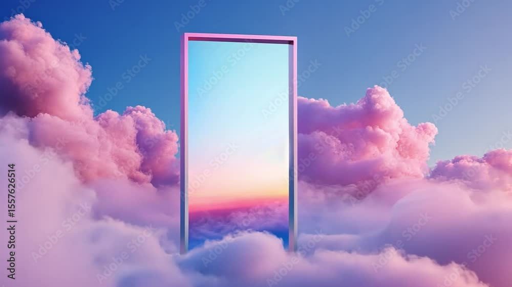 Poster dreamlike portal: an alluring doorway floats amidst a sea of pastel-colored clouds, beckoning viewer