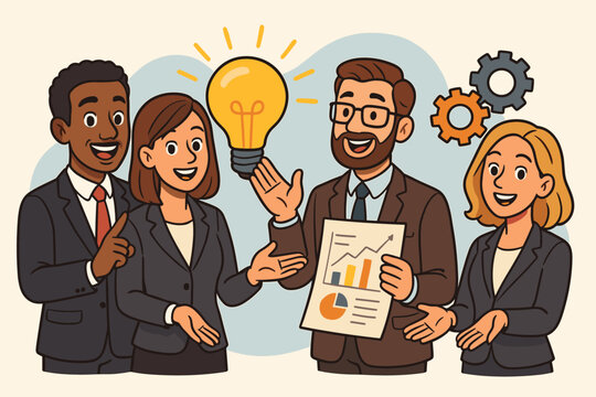 Diverse business team collaborating on innovative ideas. Cartoon vector illustration of professionals brainstorming with a lightbulb, charts, and gears for growth and strategy.