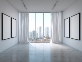 Obraz premium A large empty room with a window and white curtains. There are three empty picture frames on the wall