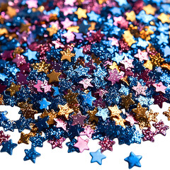 A macro image of glitter party confetti in mixed metallic shapes including stars and circles - isolated on a white background