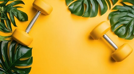 Two yellow dumbbells with green leaves on a yellow background. The fitness concept of strength and exercise is emphasized. The image highlights the vibrant colors and natural elements.