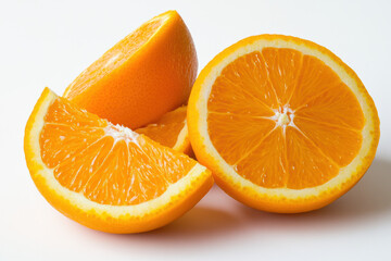 Fototapeta premium Freshly sliced oranges isolated on a clean white background, showing their juicy segments with bright color contrast. 
