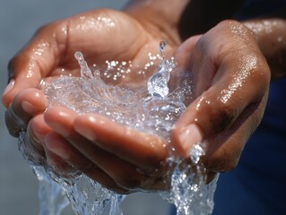 Fototapeta premium Close-up of hands cupping fresh water, with droplets splashing. The image evokes a sense of purity and refreshment.