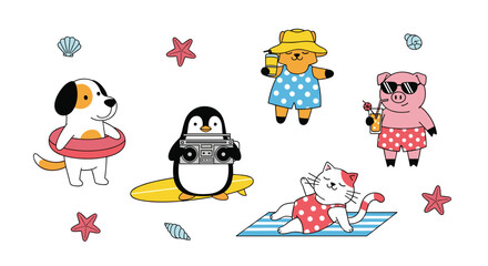 Fototapeta premium Adorable Animals Enjoying a Summer Beach Vacation with Fun Activities
