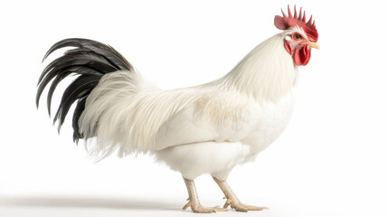 Fototapeta premium Full-body portrait of a majestic white rooster standing proudly, isolated on a clean white background. 