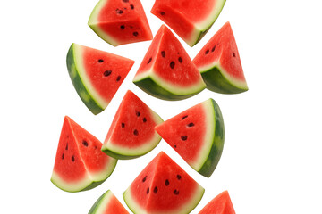 Watermelon slices dropping, splashing vibrant red fruit chunks against crisp translucent backdrop