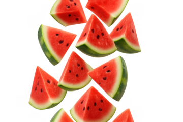Watermelon slices dropping, splashing vibrant red fruit chunks against crisp translucent backdrop