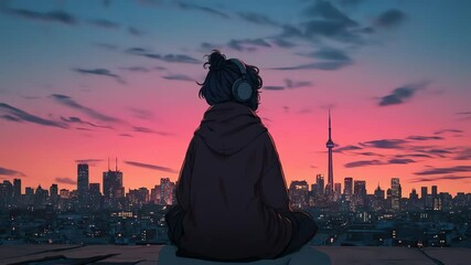 Girl sits atop a building overlooking a city at dusk wearing headphones