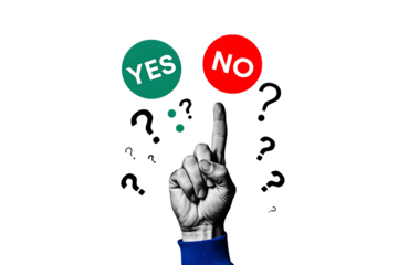 Hand pointing towards yes or no options surrounded by question marks isolated on a transparent background