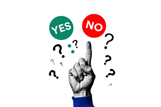 Hand pointing towards yes or no options surrounded by question marks isolated on a transparent background