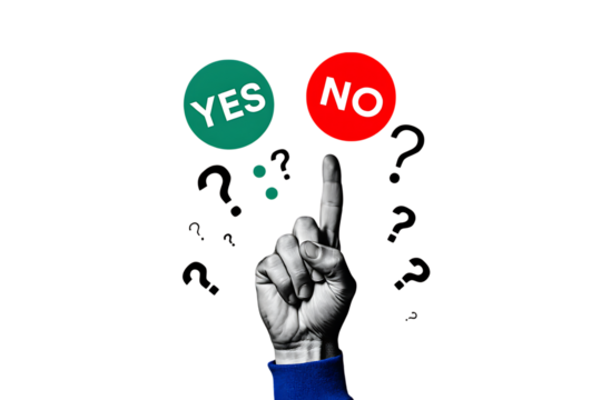 Hand pointing towards yes or no options surrounded by question marks isolated on a transparent background