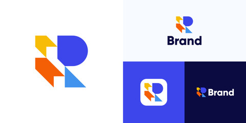 Modern letter R integrated with two arrows flat colorful, Symbol initial alphabet sign with arrow geometric style concept for brand identity and business company
