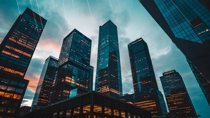 Dramatic low angle view of modern skyscrapers reaching up towards a cloudy sky