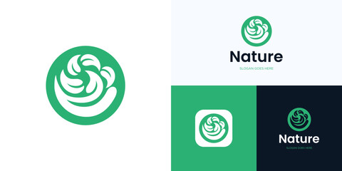 Hands holding green leaves in circle logo Icon design vector illustration elements, Ecology symbol environmental nature protection, Sprout in hand for organic agriculture and brand identity business