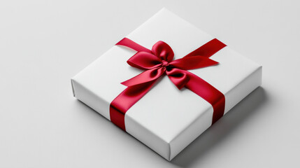 Obraz premium Glossy white gift box with a satin ribbon, placed elegantly on a soft white background. 