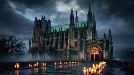 Gothic cathedral illuminated by candles at night under a dramatic stormy sky