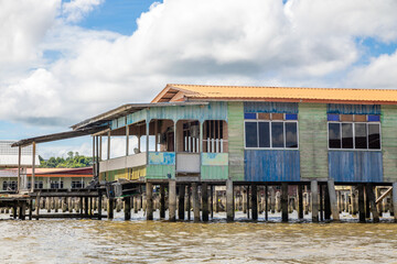 Kampong Ayer the floating village wooden Malay traditional houses standing on stilts on the river, Bandar Seri Begawan, Borneo, Sultanate Brunei Darussalam