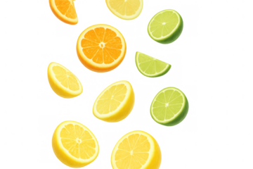 Citrus fruits slicing midair, splashing bright colors against transparent backdrop with dynamic, juicy motion