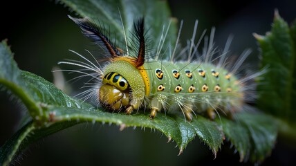 Macro photograph of a colorful caterpillar resting on a green leaf in a forest environment