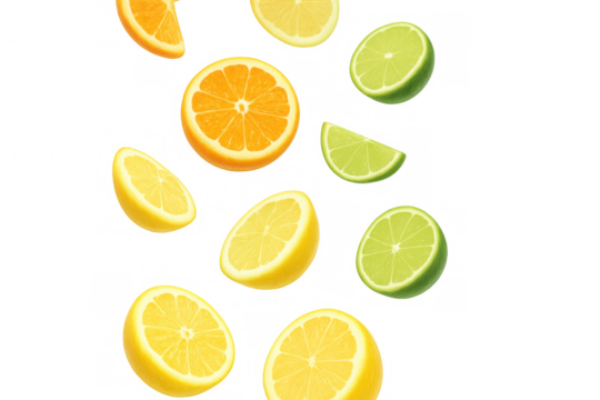 Citrus fruits slicing midair, splashing bright colors against transparent backdrop with dynamic, juicy motion