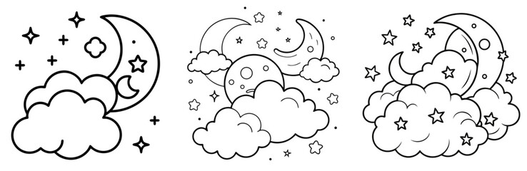 Clouds, Stars, and Moon Coloring Book Page - Line Art Illustration