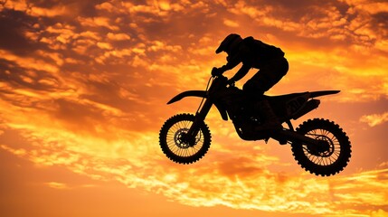 Fototapeta premium A silhouette of a motocross rider in mid-air against a vibrant sunset sky.