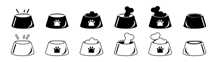 Dog bowl set icon. A bowl of bones for a dog. animal feed in a bowl. Vector set.