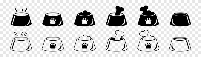 Dog bowl set icon. A bowl of bones for a dog. animal feed in a bowl. Vector set.