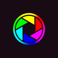 Camera aperture icon with primary and secondary colors. Vector illustration isolated on black background.