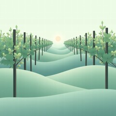 Minimalist green hills with layered waves of terrain and a small cluster of trees on the horizon, under a pale sky. Calm and clean nature aesthetic. Generative, AI,